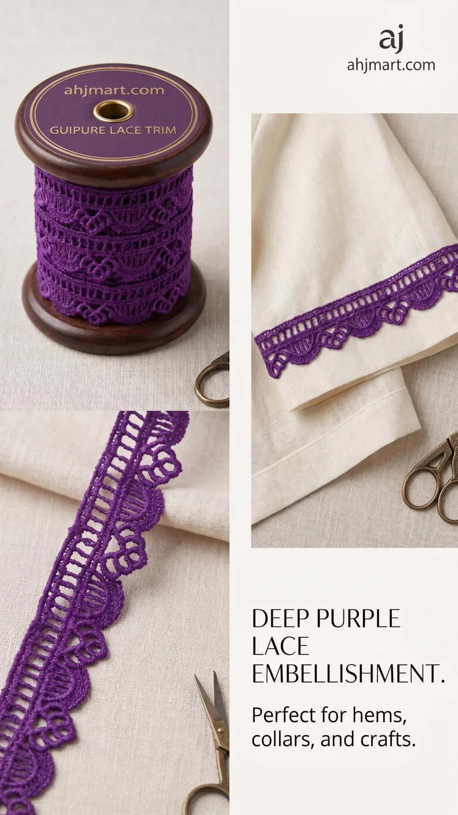 Premium Deep Purple Guipure Lace Trim | Elegant Scalloped Border for Sewing & Crafts