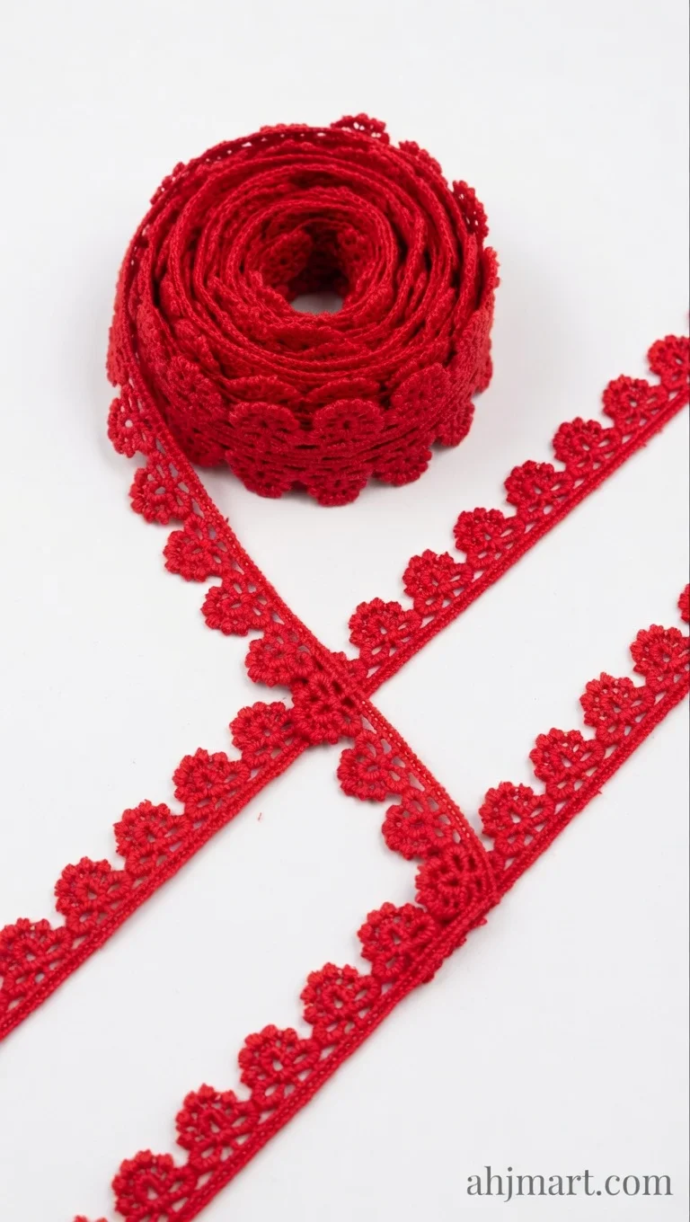 Premium Vibrant Red Floral Crochet Lace Trim – Scalloped Edge Embellishment (Sold by Meter)