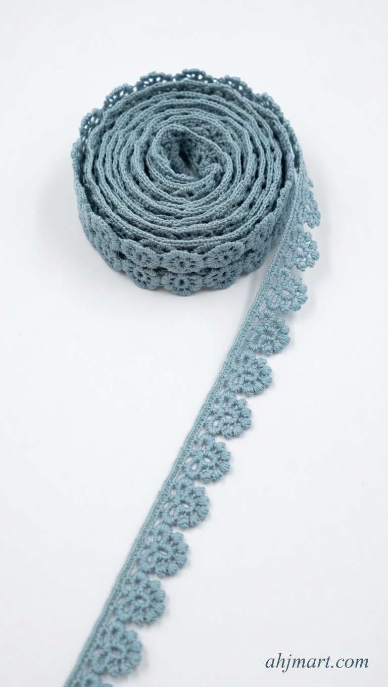 Premium Dusty Blue Floral Crochet Lace Trim – Scalloped Edge Embellishment (Sold by Meter)