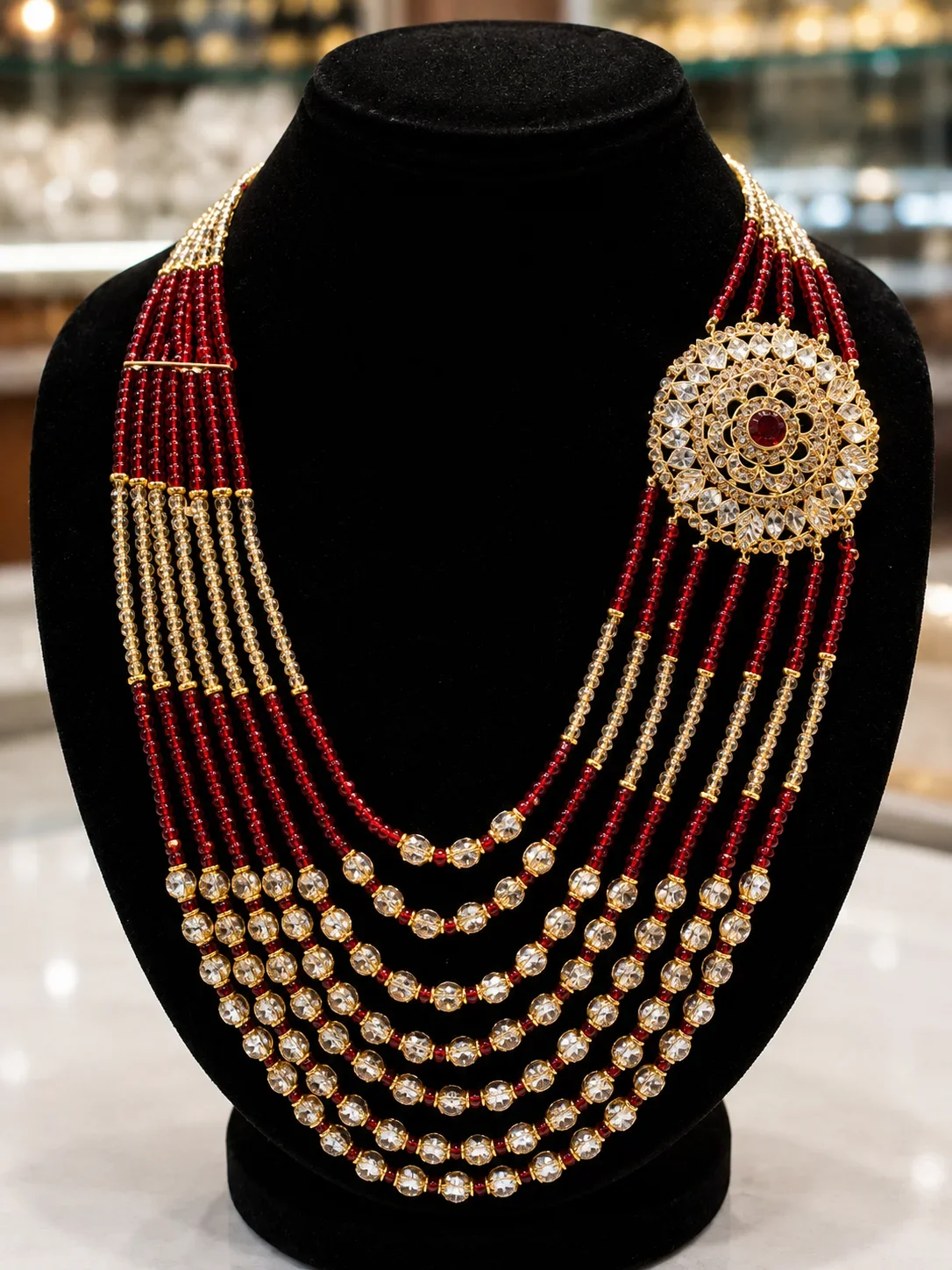 Luxury Ruby Red Multi-Layer Mala Necklace – Traditional Bridal Jewelry