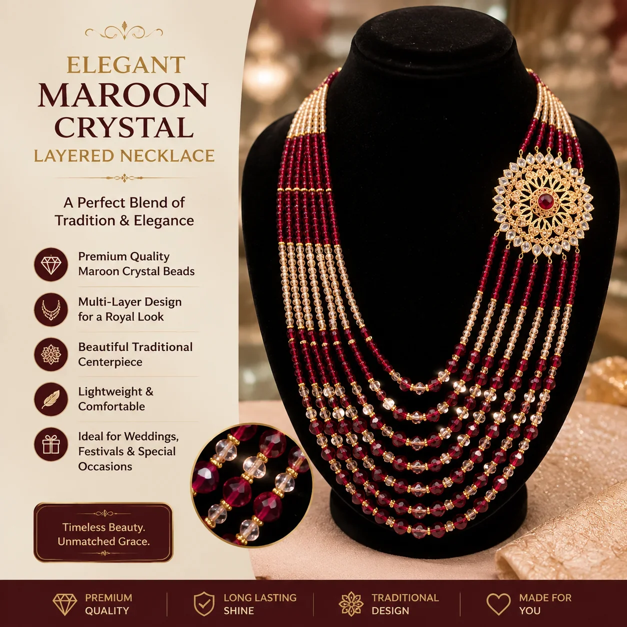 Majestic Maroon Crystal Bridal Mala – Multi-Layer Traditional Necklace
