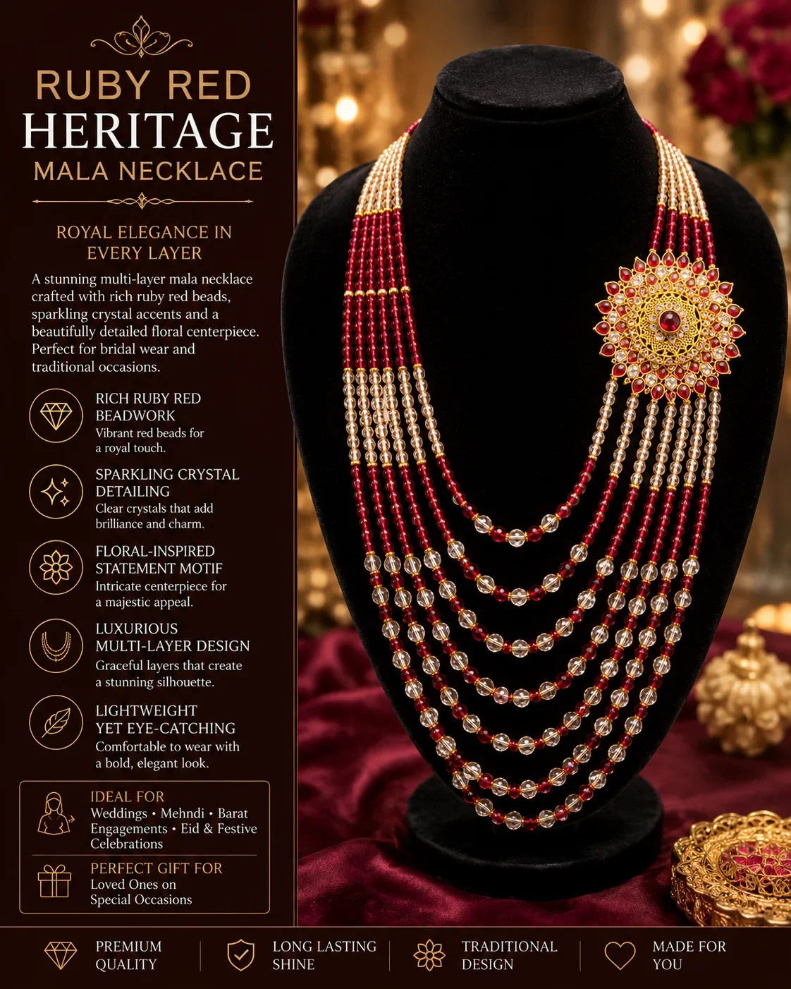 Ruby Red Heritage Mala Necklace – Royal Multi-Layer Statement Jewelry