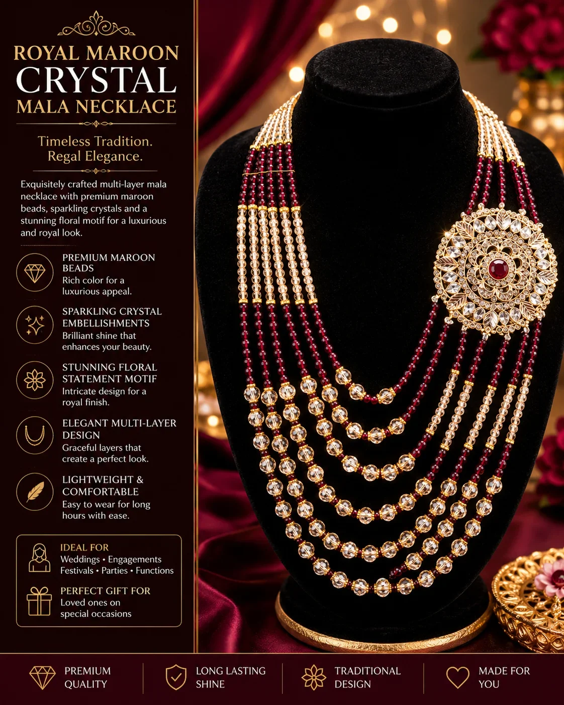 Royal Maroon Crystal Mala Necklace – Luxury Multi-Layer Bridal Jewelry