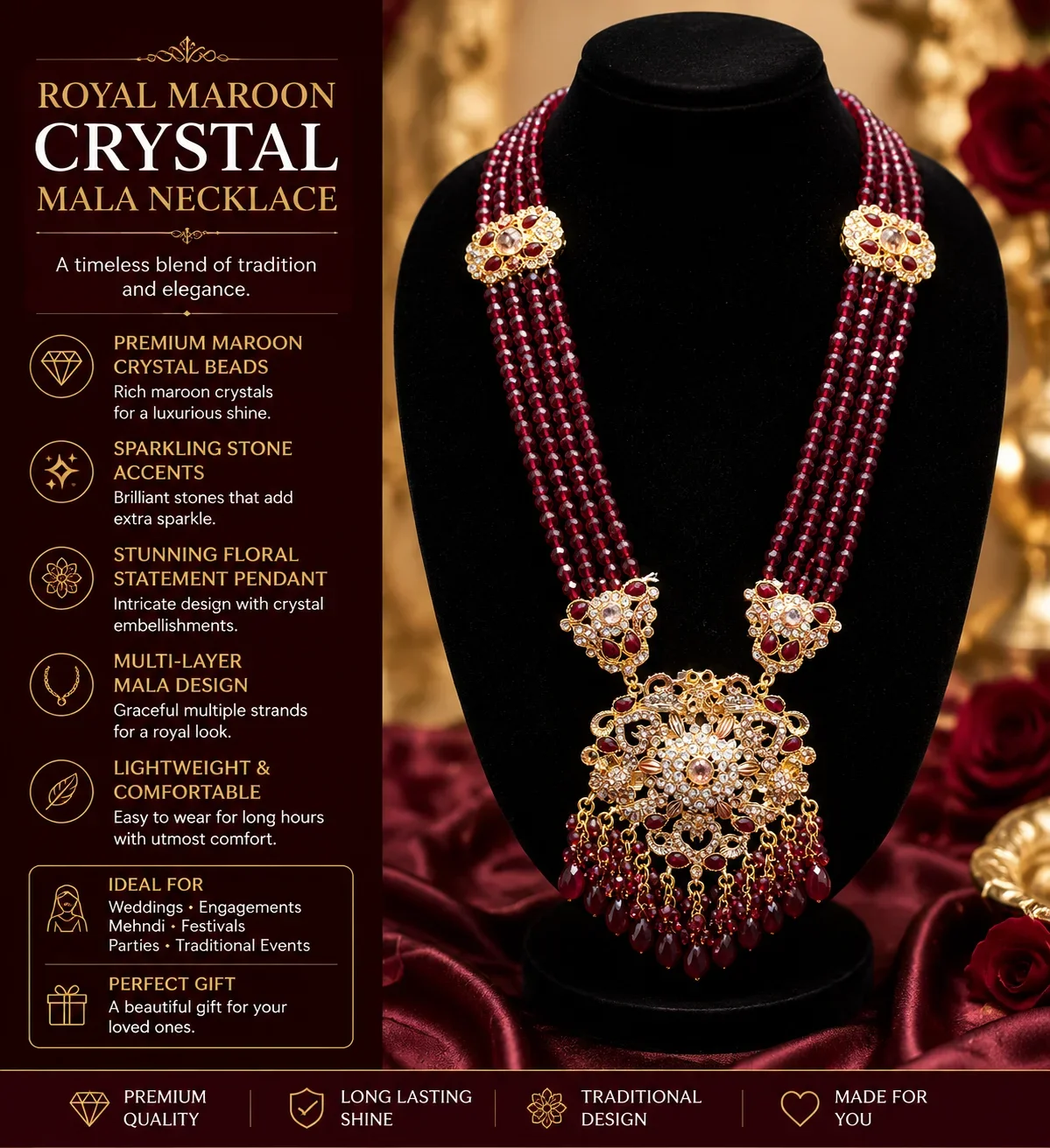 Royal Crimson Heritage Necklace – Luxury Maroon Crystal Pendant Mala