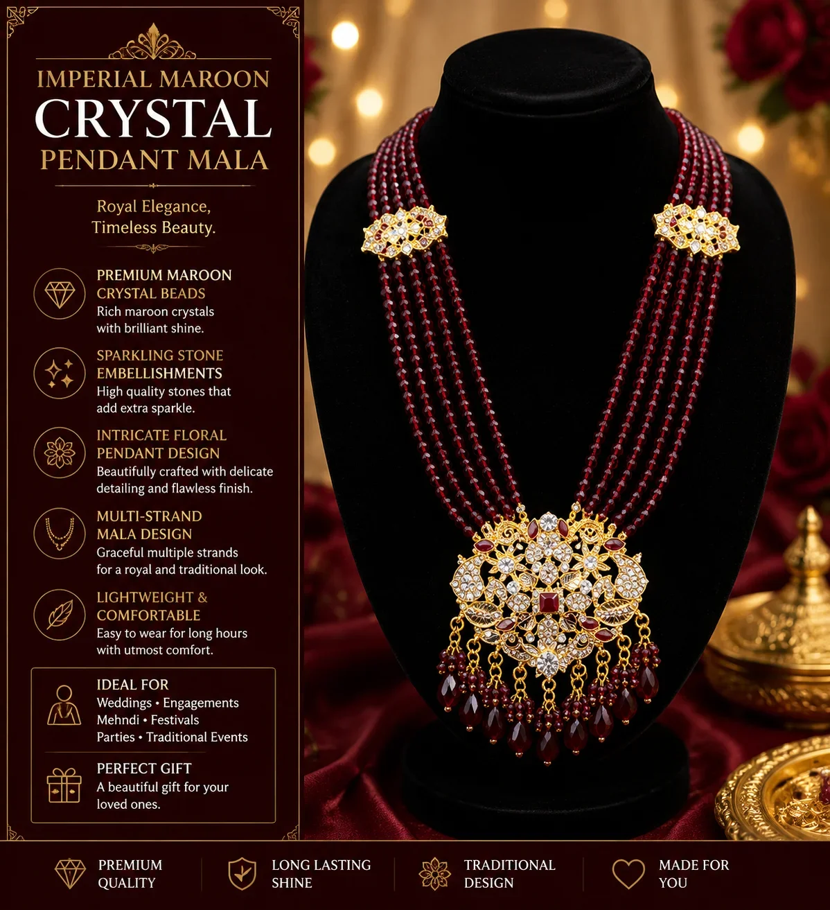Imperial Maroon Crystal Pendant Mala – Traditional Luxury Mala Necklace