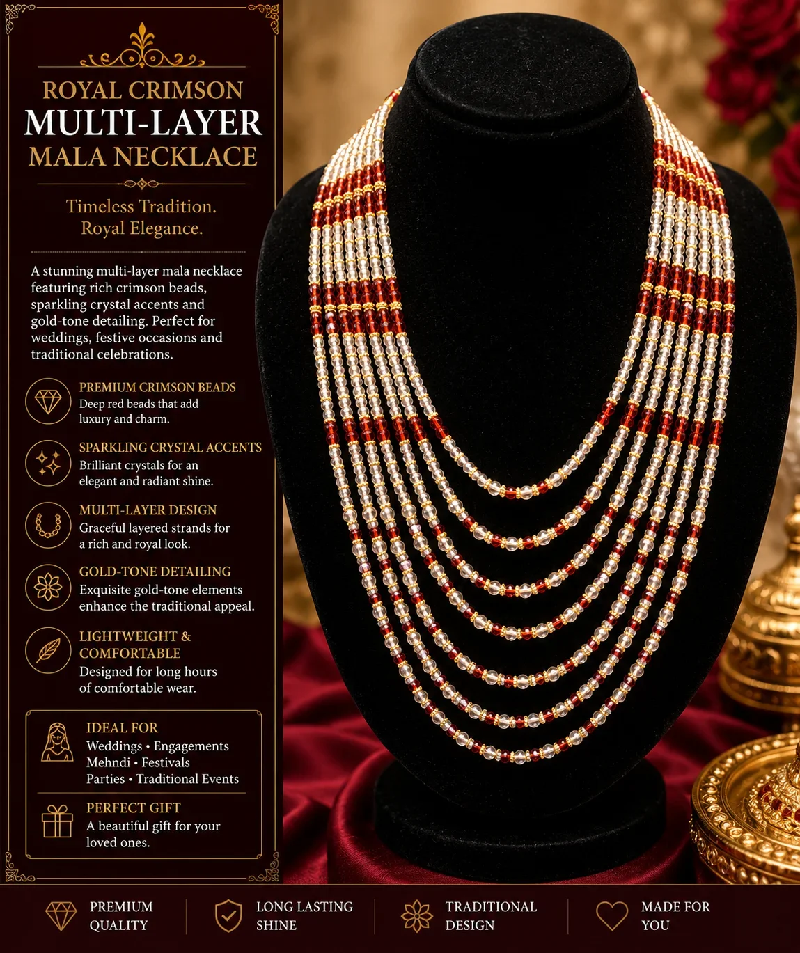 Ruby Pearl Layered Mala Necklace – Elegant Traditional Jewelry