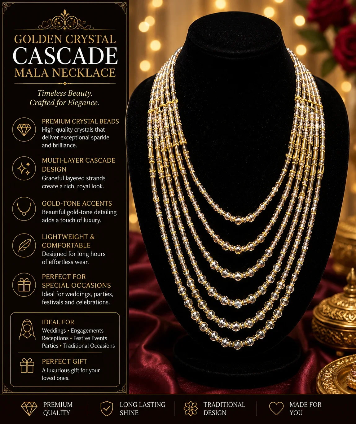 Golden Crystal Cascade Mala Necklace – Luxury Multi-Layer Statement Jewelry