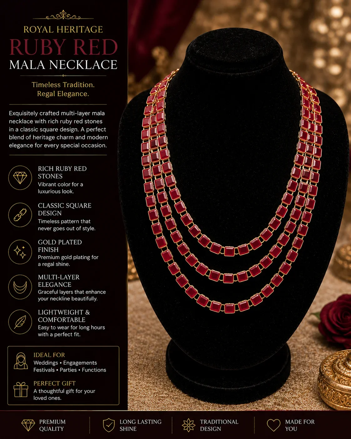 Luxury Ruby Red Multi-Layer Mala Necklace Set