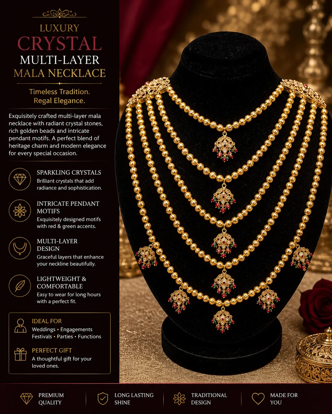 Royal Gold Heart Pendant Multi-Layer Mala Necklace