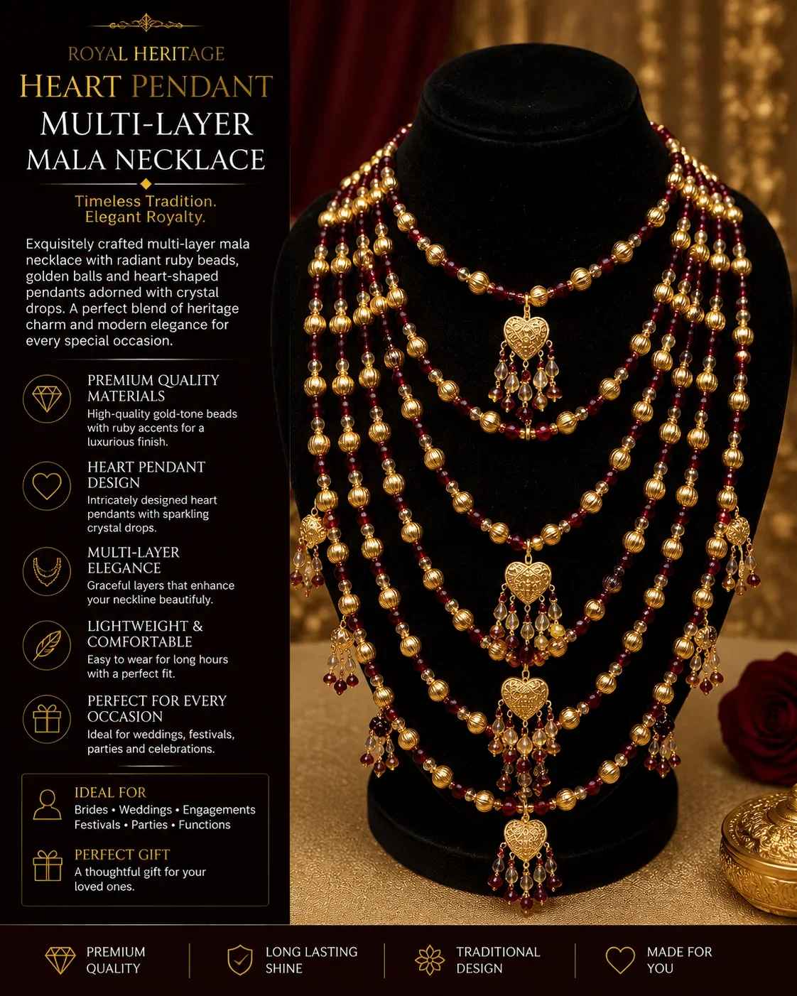 Royal Ruby & Gold Heart Pendant Multi-Layer Mala Necklace