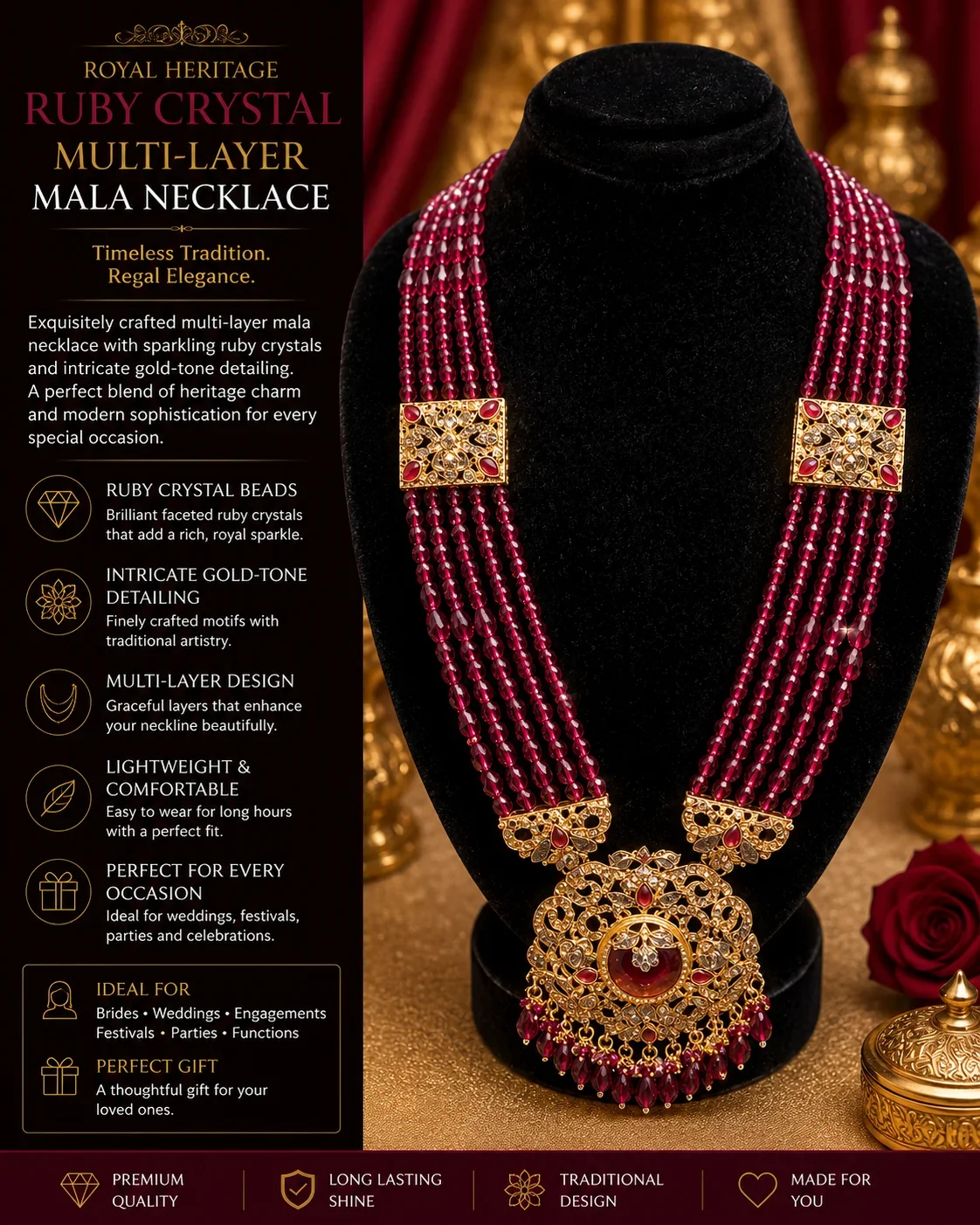 Royal Ruby Crystal Multi-Layer Mala Necklace