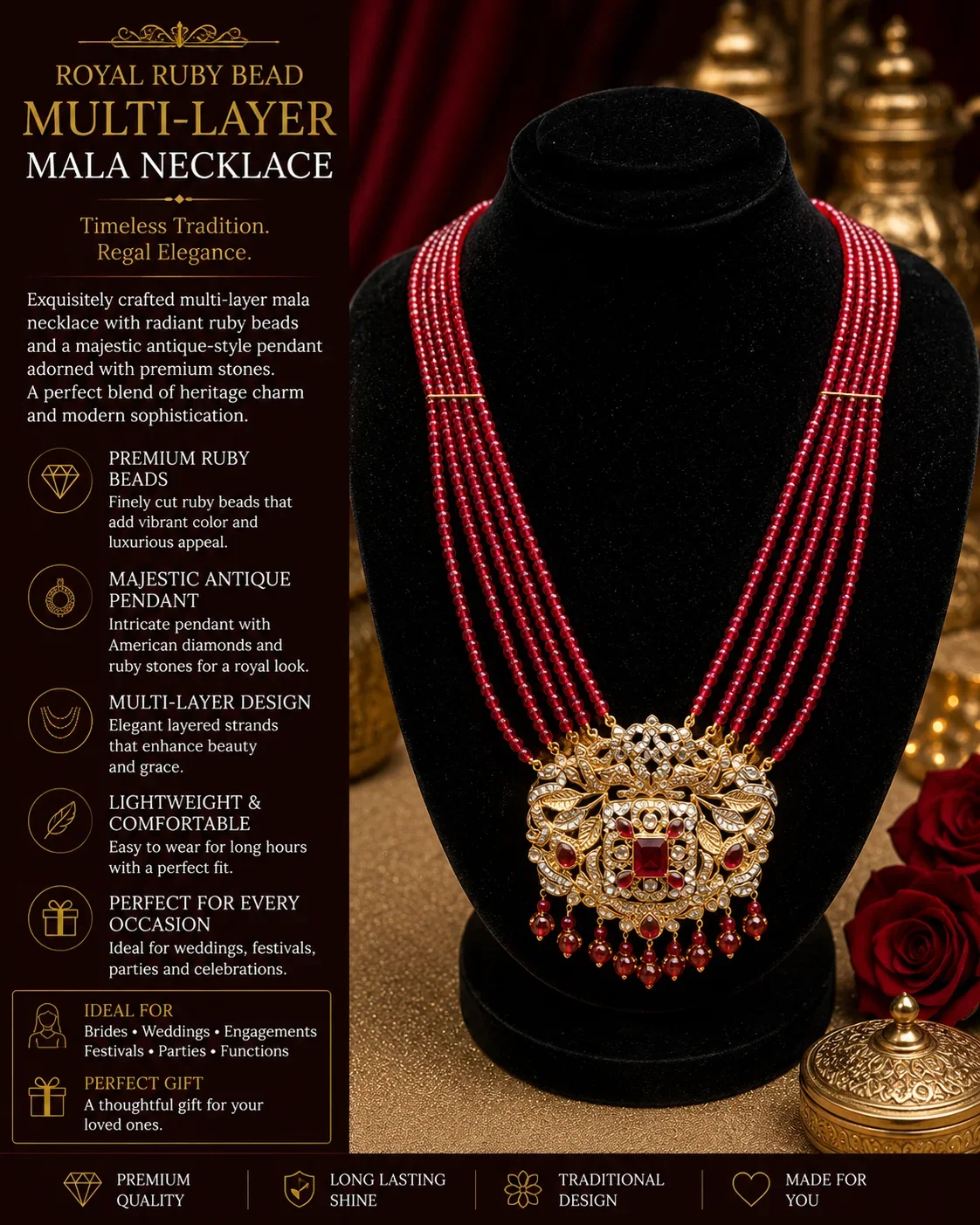 Royal Ruby Bead Mala Necklace with Antique Statement Pendant