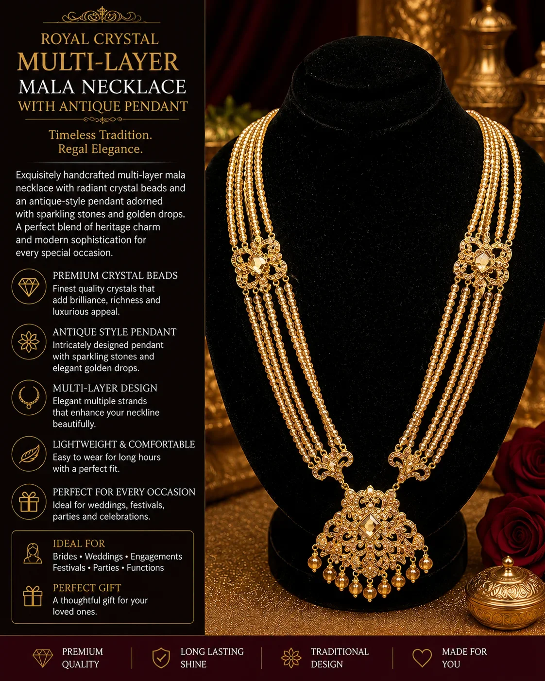 Royal Crystal Multi-Layer Mala Necklace with Golden Accents