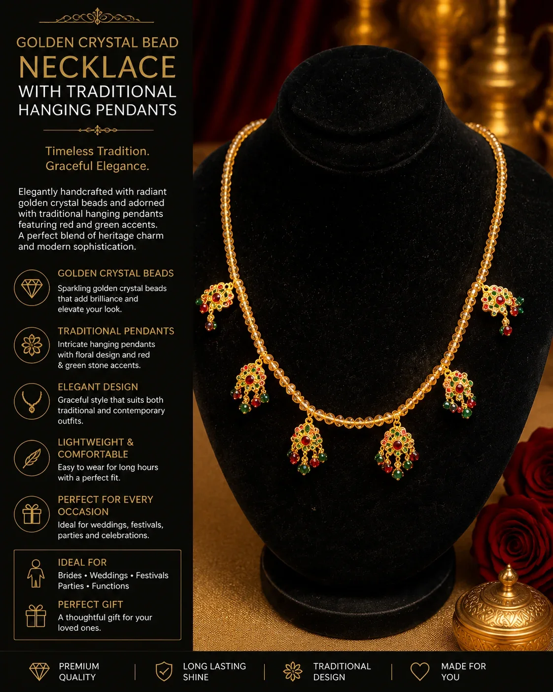 Golden Crystal Bead Necklace with Traditional Hanging Pendants