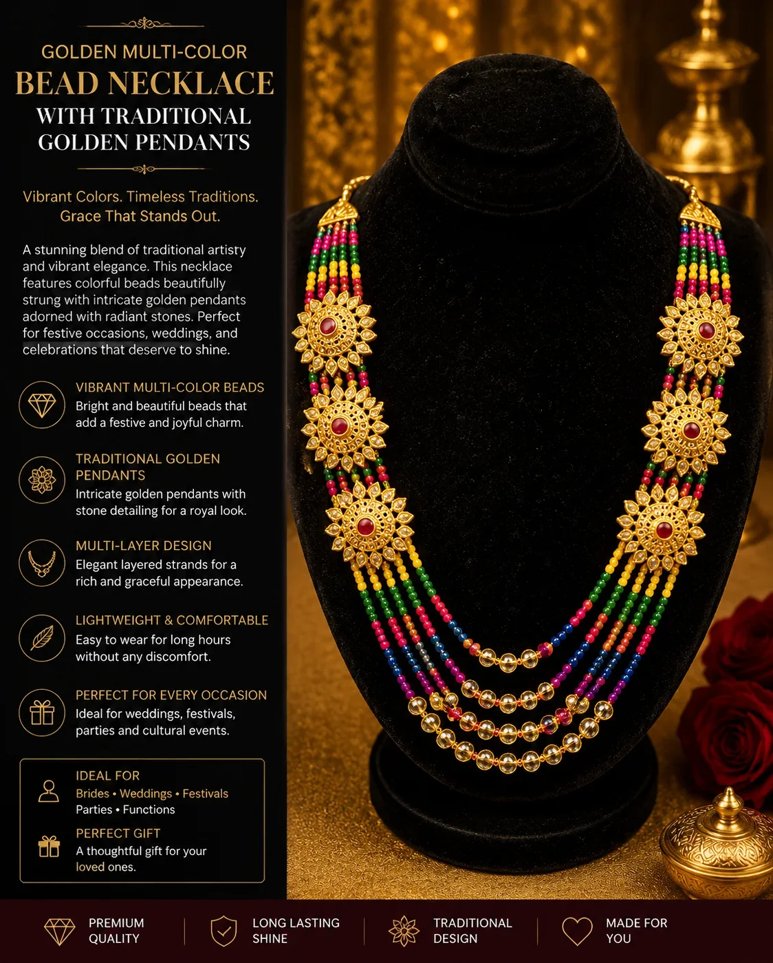 Golden Multi-Color Bead Necklace with Traditional Pendants