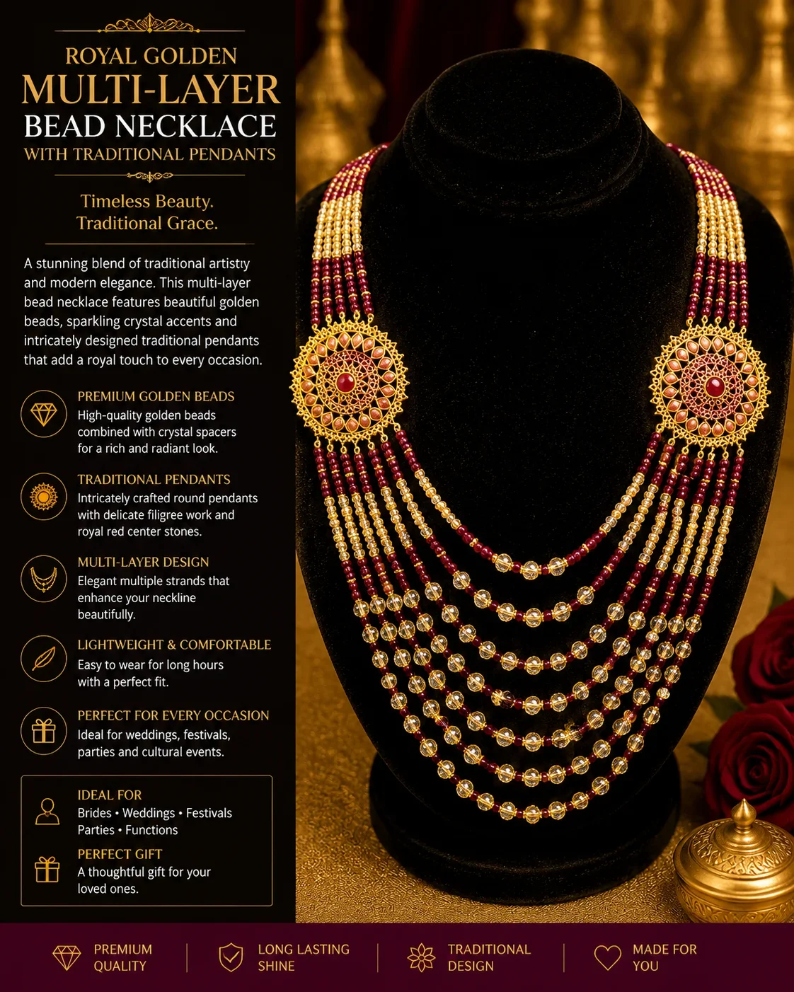 Royal Ruby Crystal Multi-Layer Mala Necklace