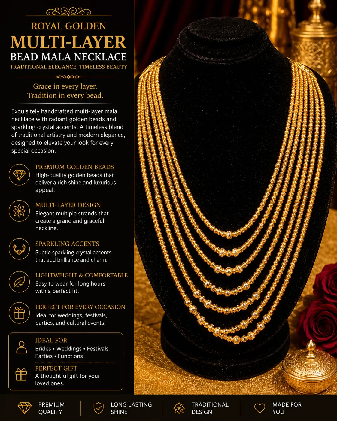 Royal Golden Multi-Layer Bead Mala Necklace