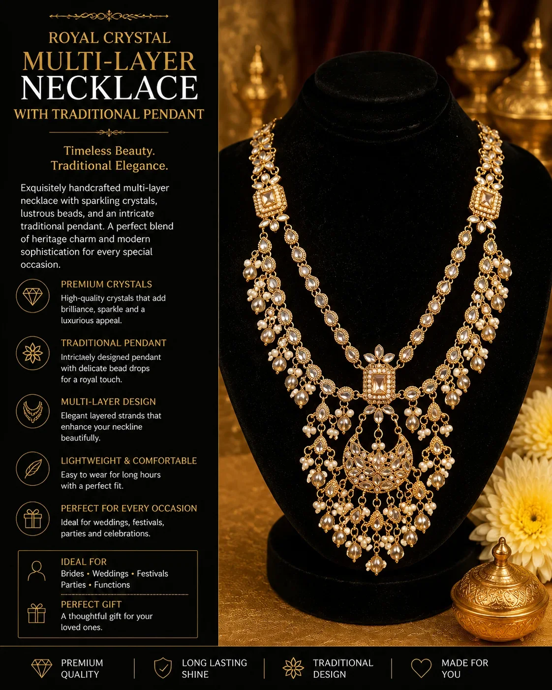Royal Golden Kundan Pearl Multi-Layer Necklace