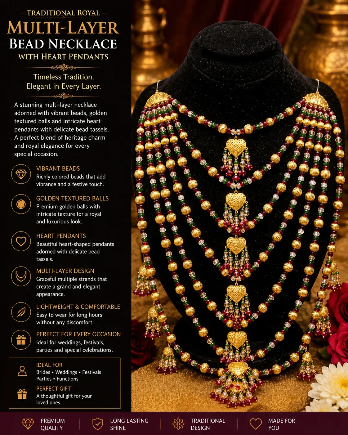 Royal Ruby & Gold Heart Pendant Multi-Layer Bridal Necklace