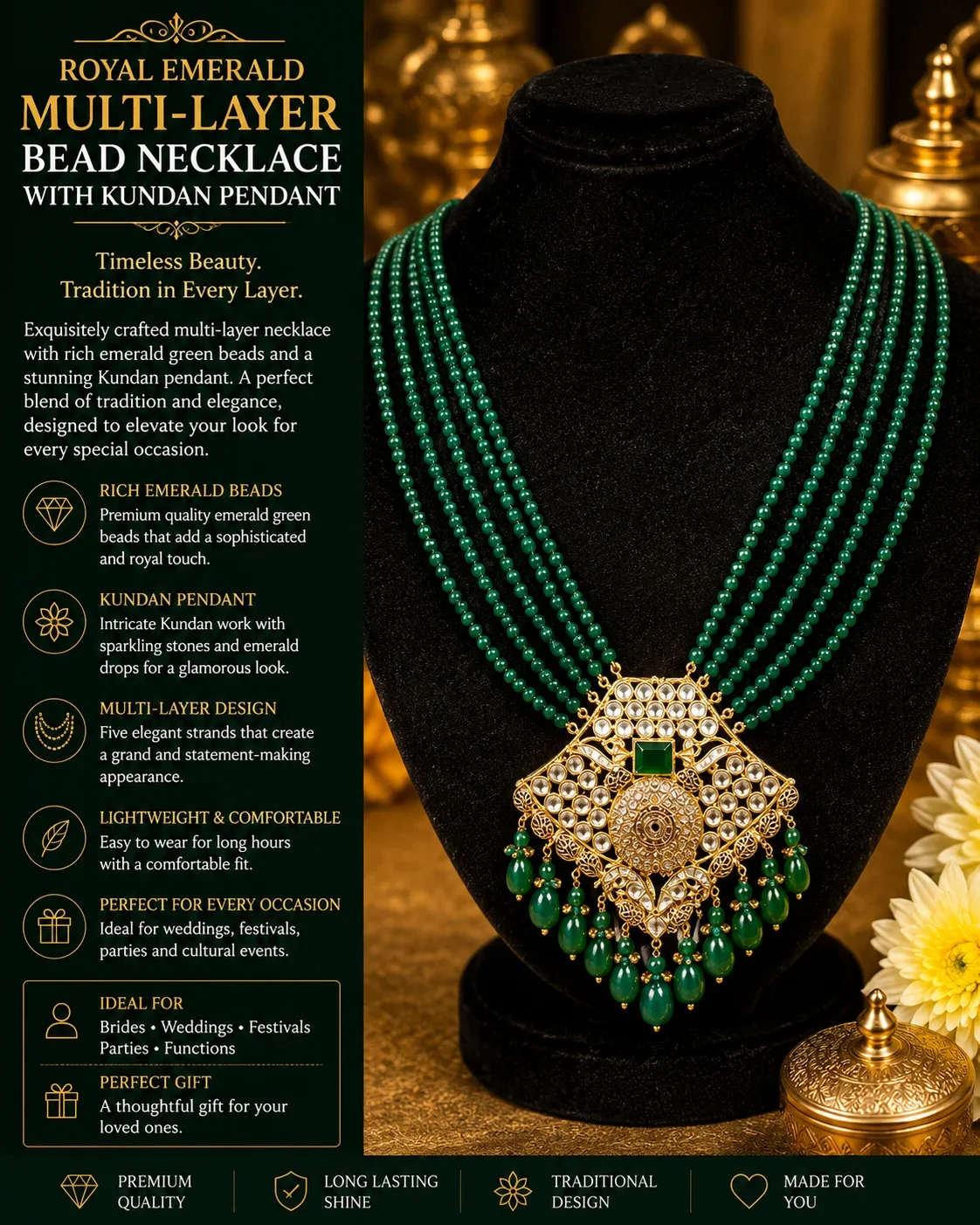 Royal Emerald Kundan Multi-Layer Mala Necklace
