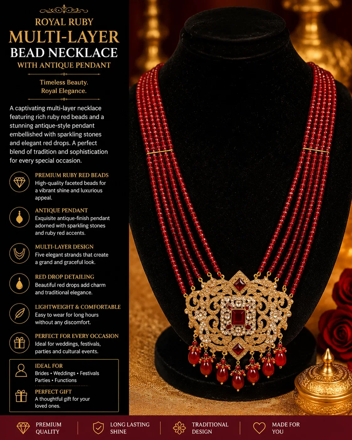 Royal Ruby Multi-Layer Mala Necklace with Intricate Pendant