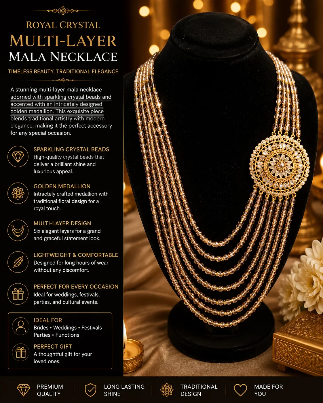 Royal Crystal Multi-Layer Mala Necklace with Golden Medallion