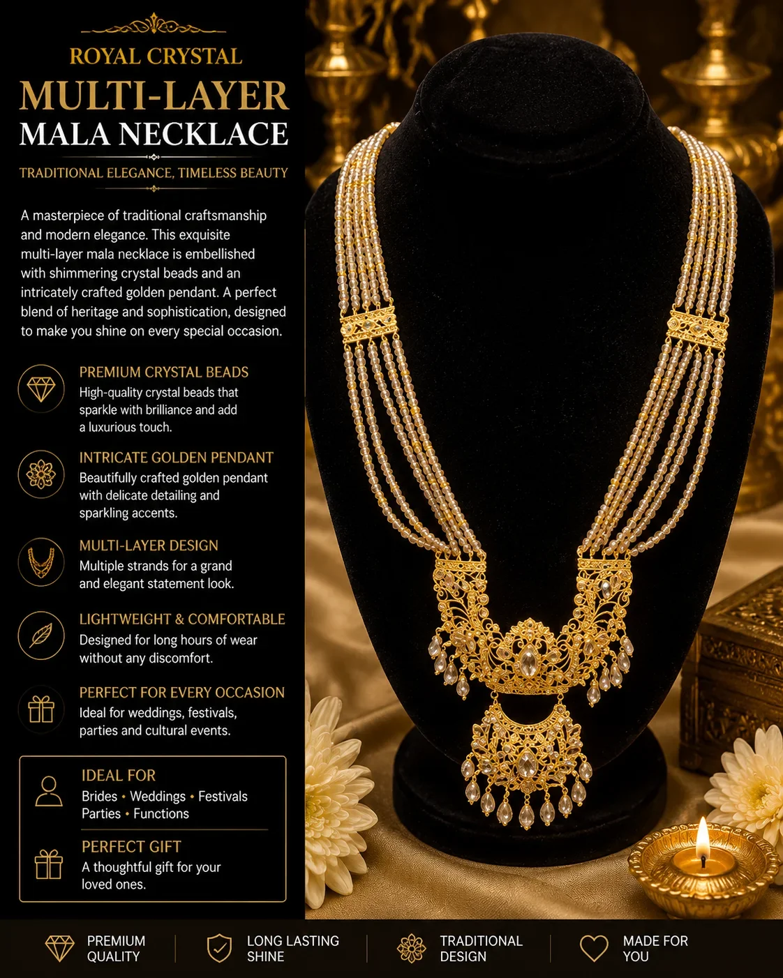 Royal Crystal Multi-Layer Mala Necklace with Antique Golden Pendant