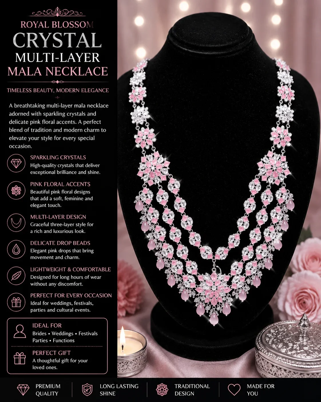 Royal Blossom Crystal Multi-Layer Mala Necklace