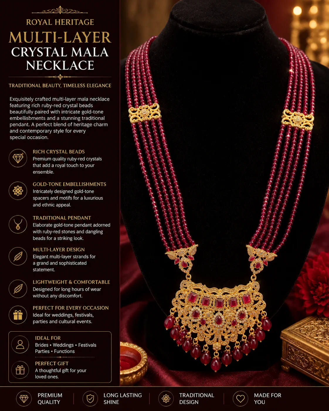 Royal Ruby Crystal Multi-Layer Mala Necklace with Antique Pendant