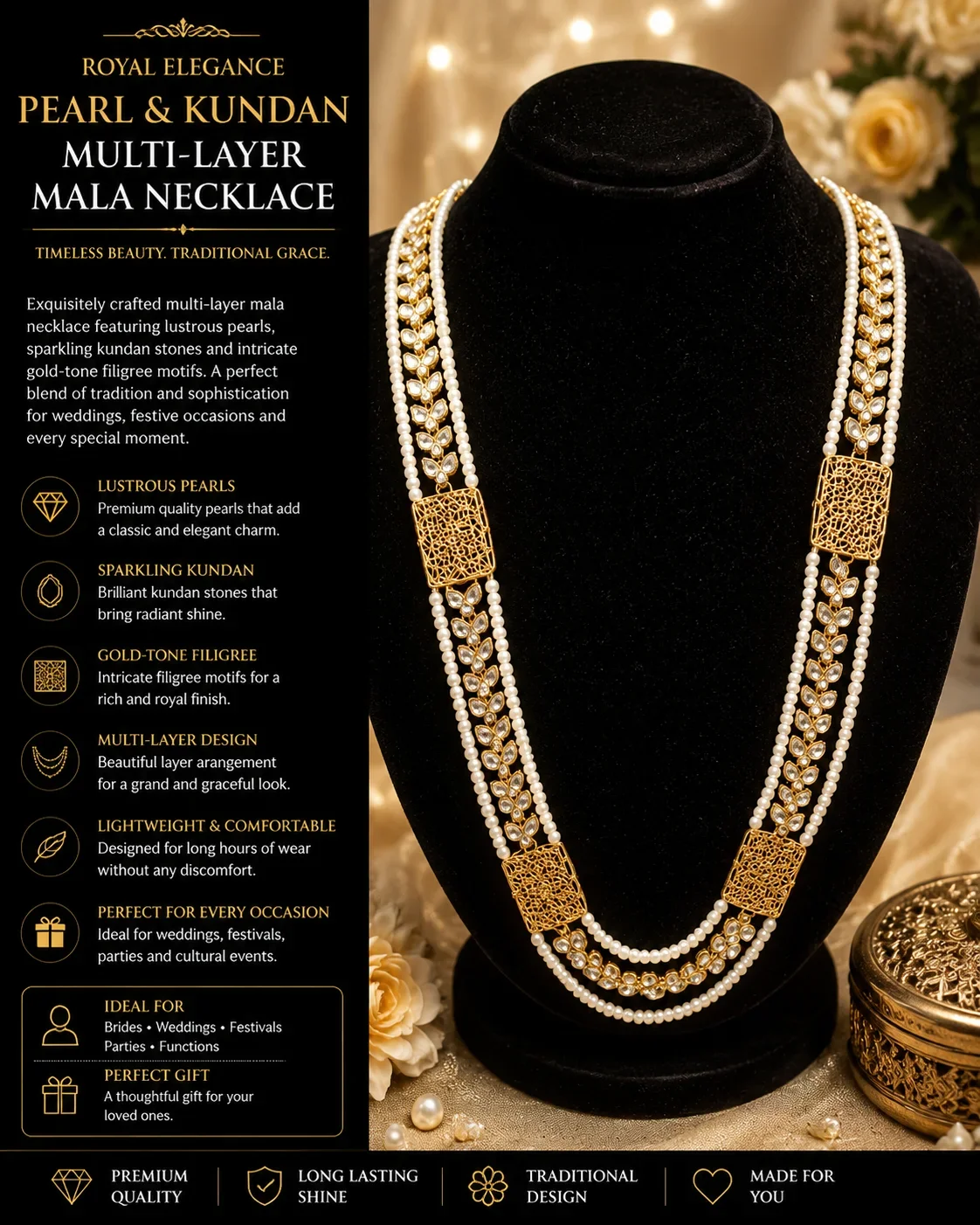 Royal Pearl Kundan Mala Necklace with Antique Gold Accents