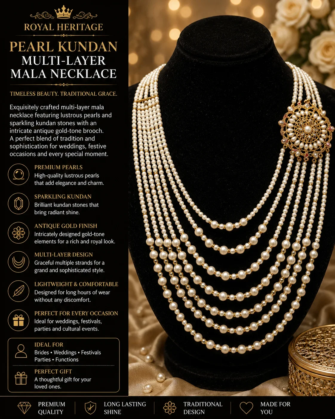 Royal Heritage Pearl Kundan Multi-Layer Mala Necklace