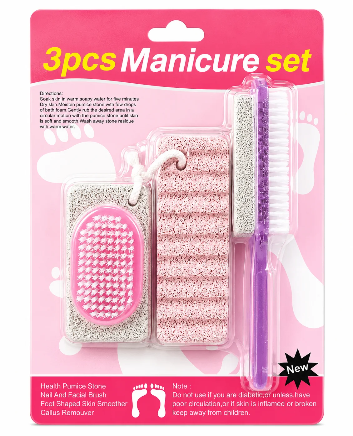 3 Pcs Manicure & Pedicure Care Set – Foot Scrubber, Pumice Stone & Nail Brush