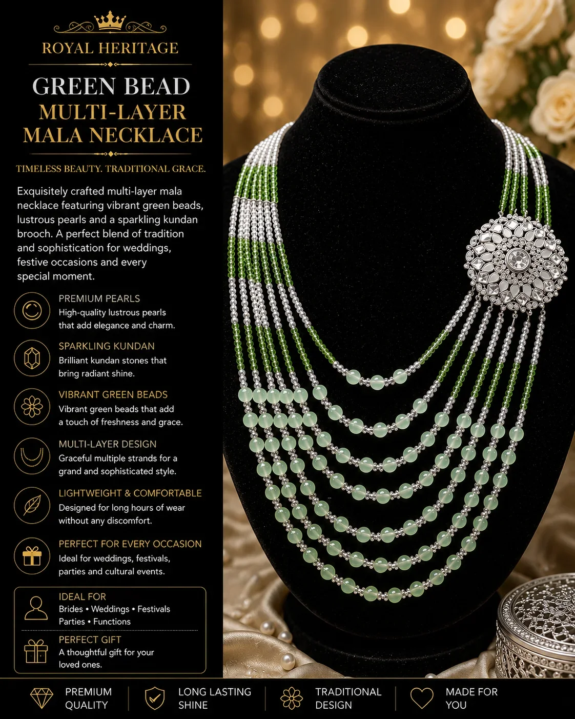ROYAL HERITAGE SILVER GREEN BEAD MULTI-LAYER MALA NECKLACE