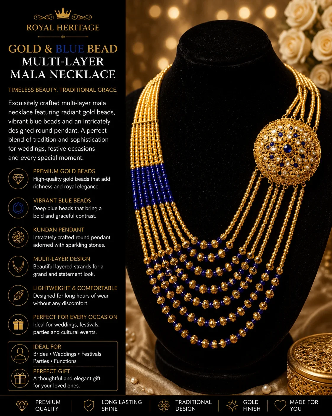 ROYAL HERITAGE GOLD & ROYAL BLUE MULTI-LAYER MALA NECKLACE