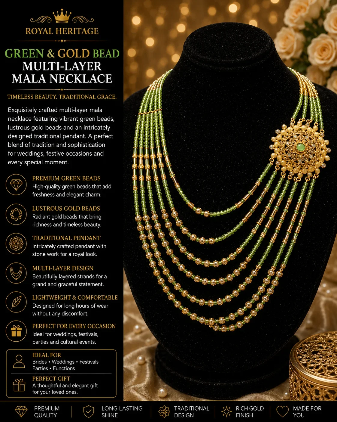 ROYAL HERITAGE GREEN & GOLD MULTI-LAYER MALA NECKLACE
