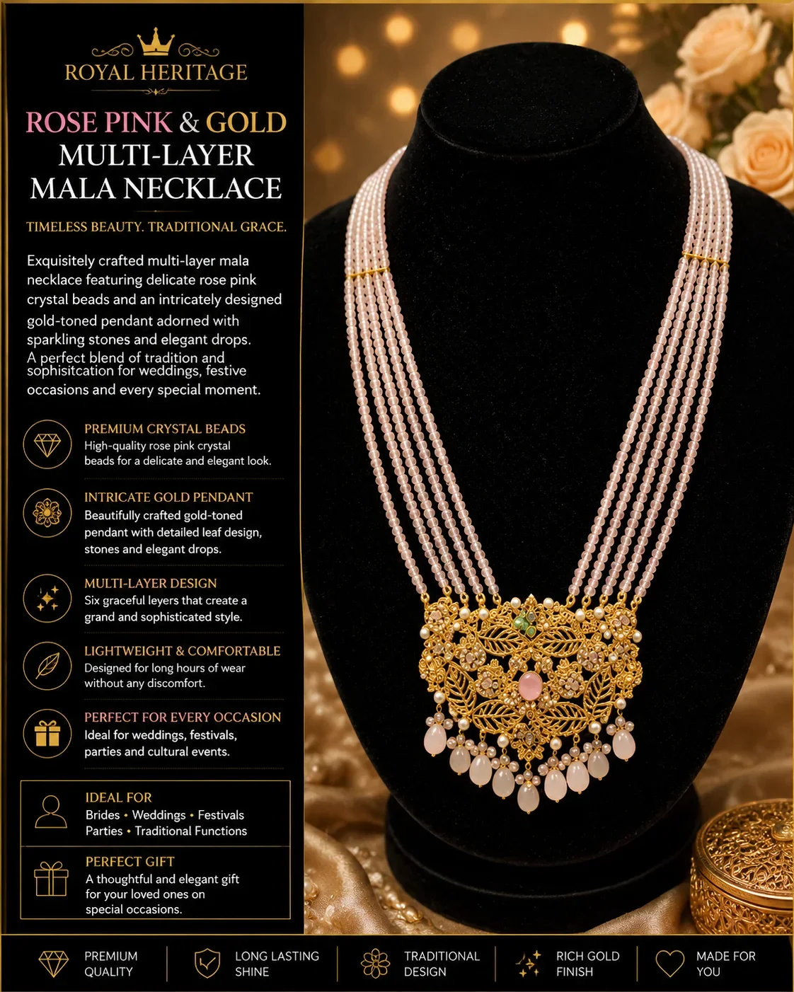ROYAL HERITAGE ROSE PINK CRYSTAL MULTI-LAYER MALA NECKLACE