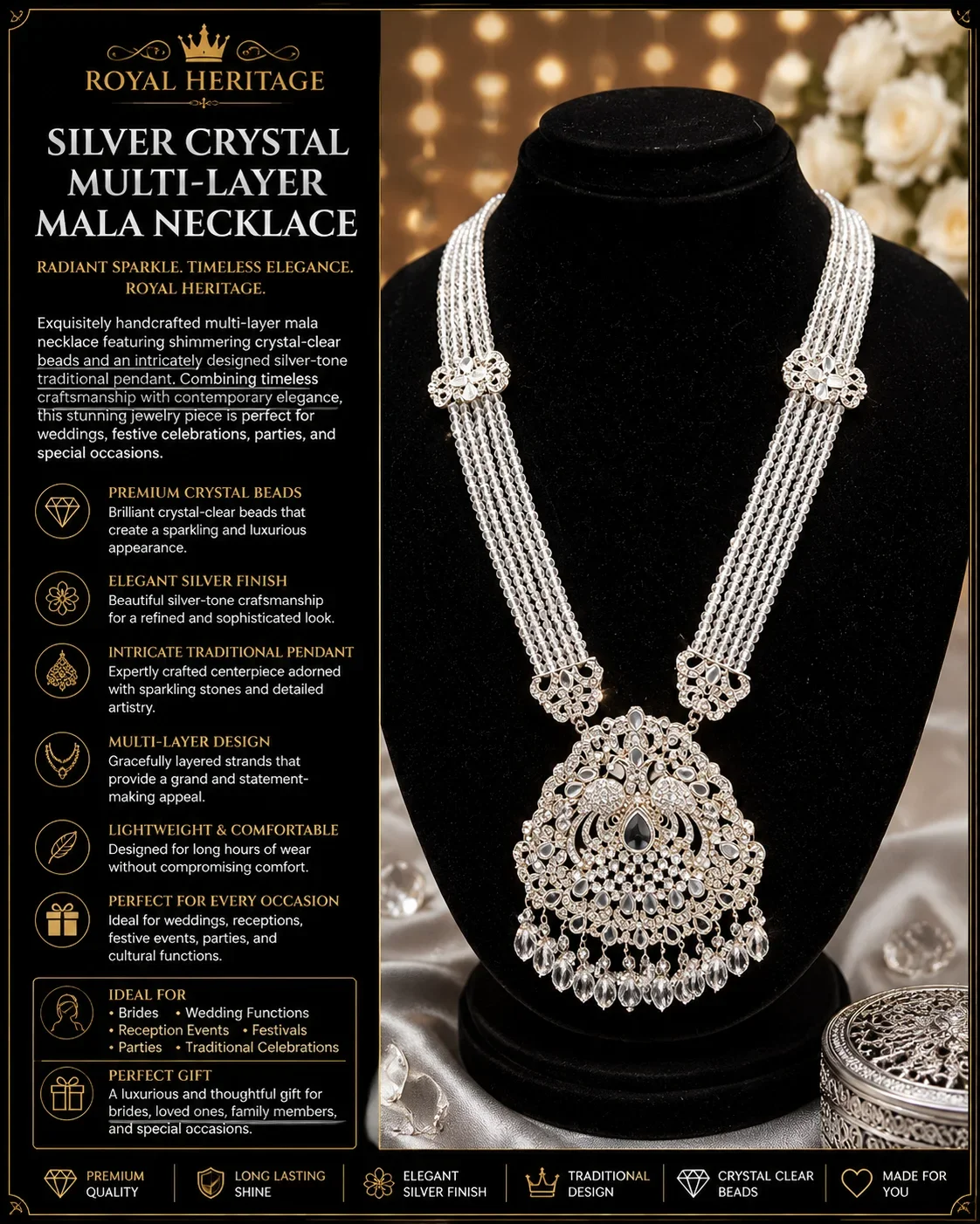 ROYAL HERITAGE SILVER CRYSTAL MULTI-LAYER MALA NECKLACE