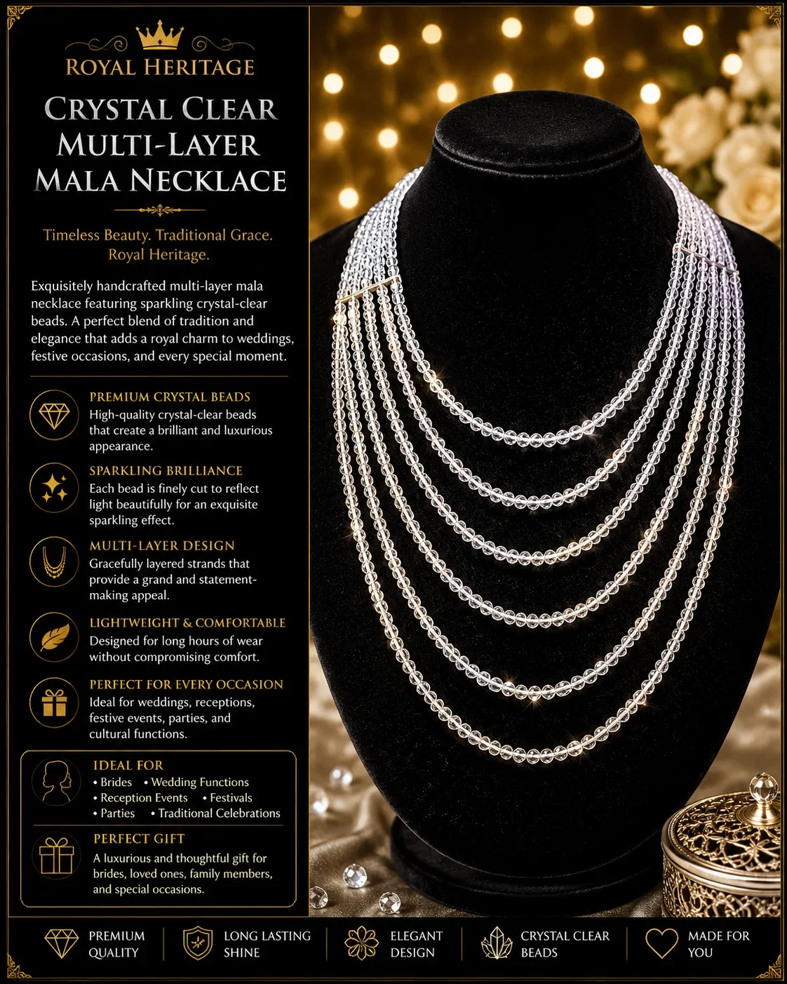 ROYAL HERITAGE CRYSTAL CLEAR MULTI-LAYER MALA NECKLACE