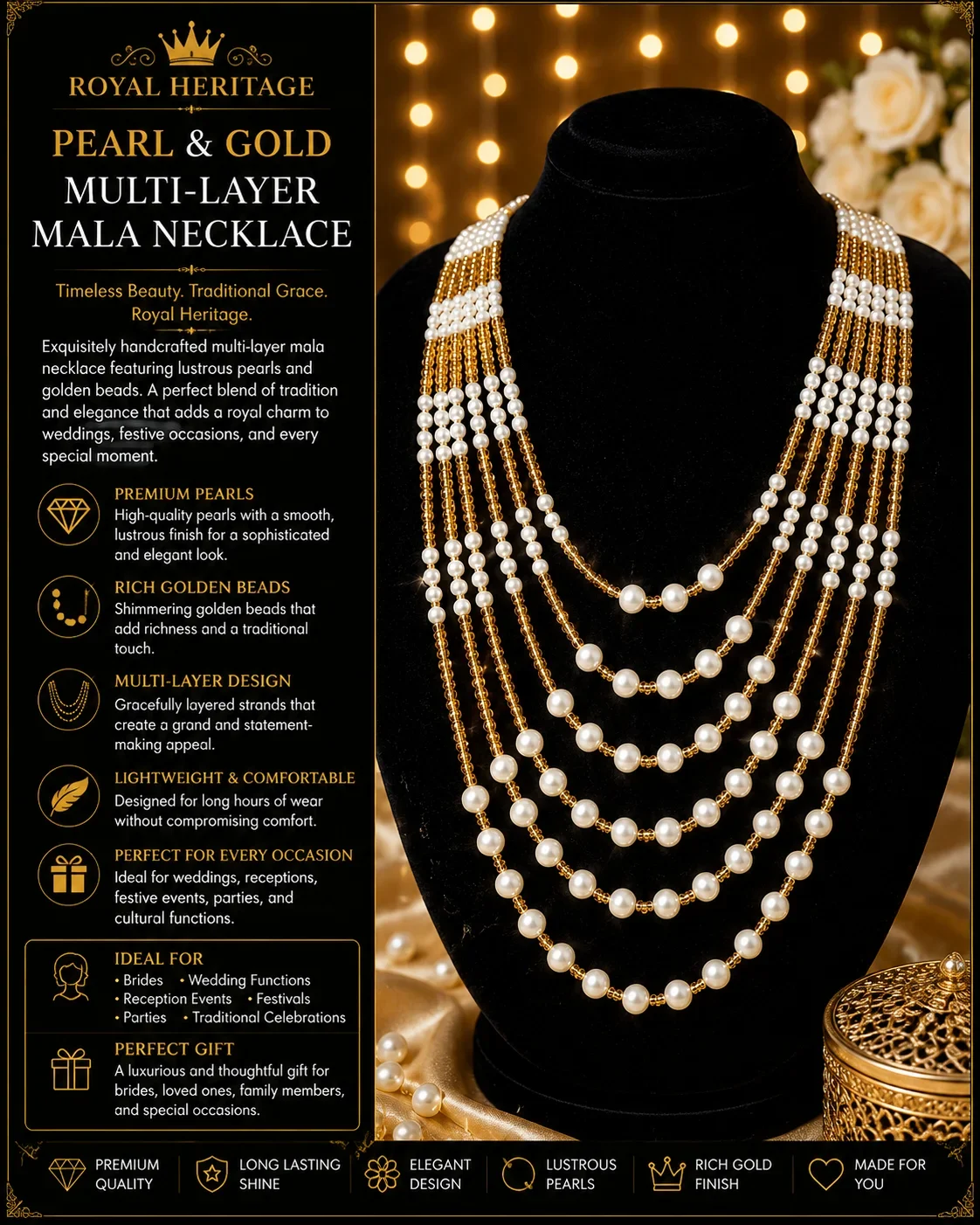 ROYAL HERITAGE PEARL & GOLD MULTI-LAYER MALA NECKLACE
