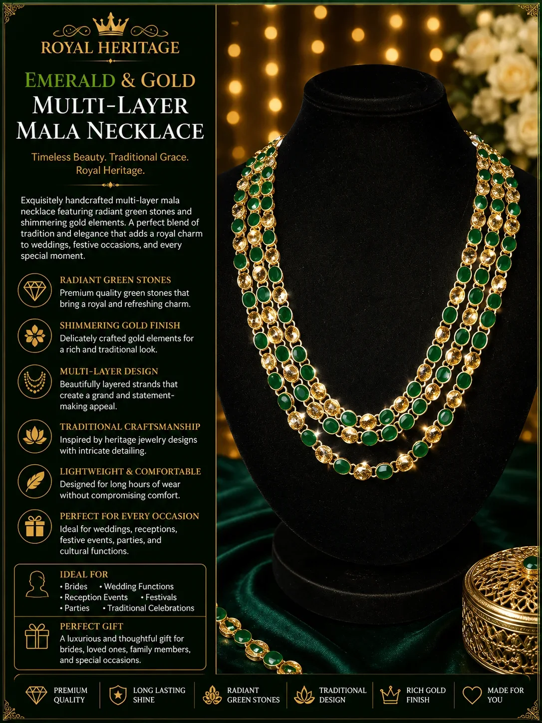 ROYAL HERITAGE EMERALD GREEN & CRYSTAL MULTI-LAYER NECKLACE