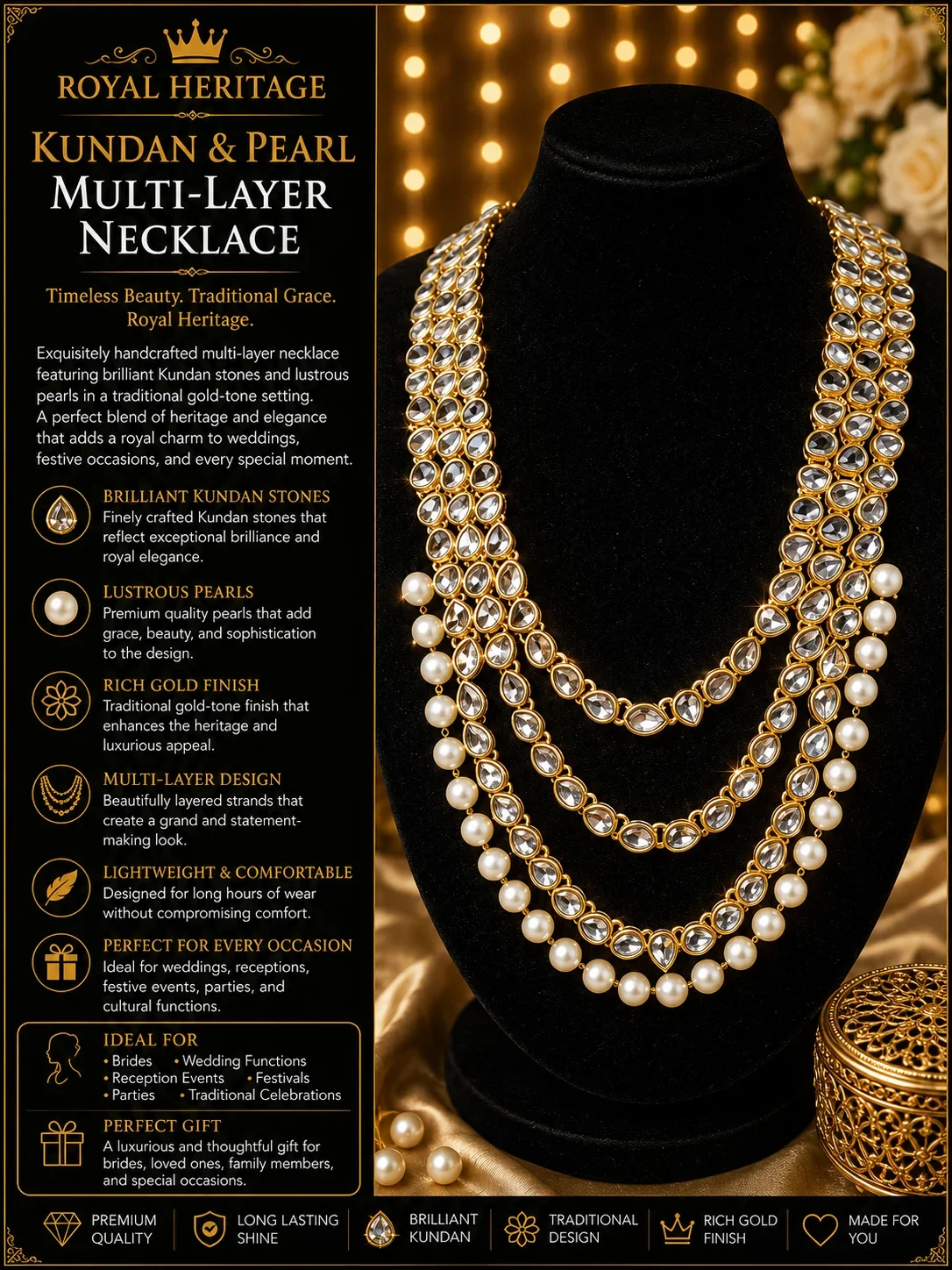 ROYAL HERITAGE KUNDAN & PEARL MULTI-LAYER NECKLACE