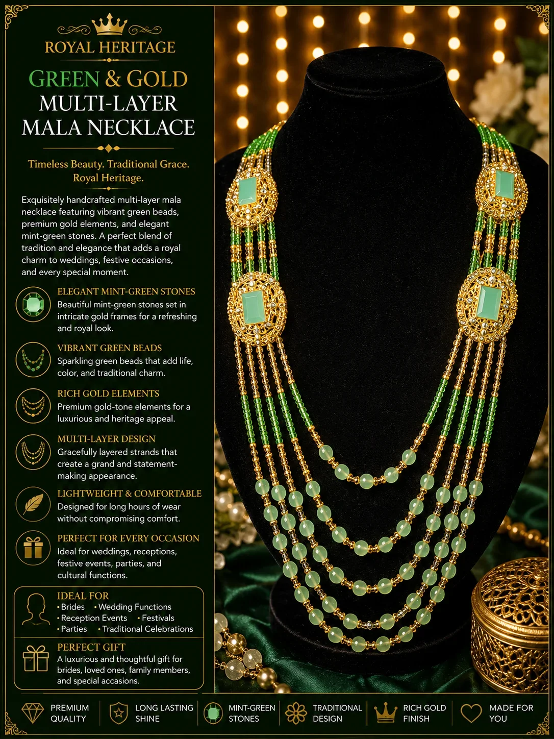 ROYAL HERITAGE PISTA GREEN & GOLD MULTI-LAYER MALA NECKLACE