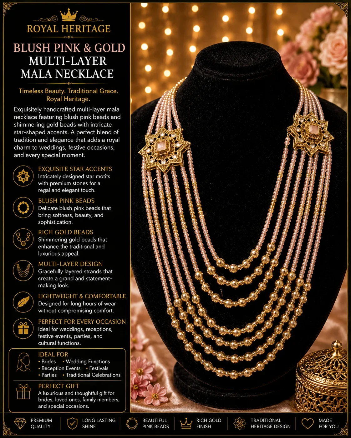 ROYAL HERITAGE BLUSH PINK & GOLD MULTI-LAYER MALA NECKLACE