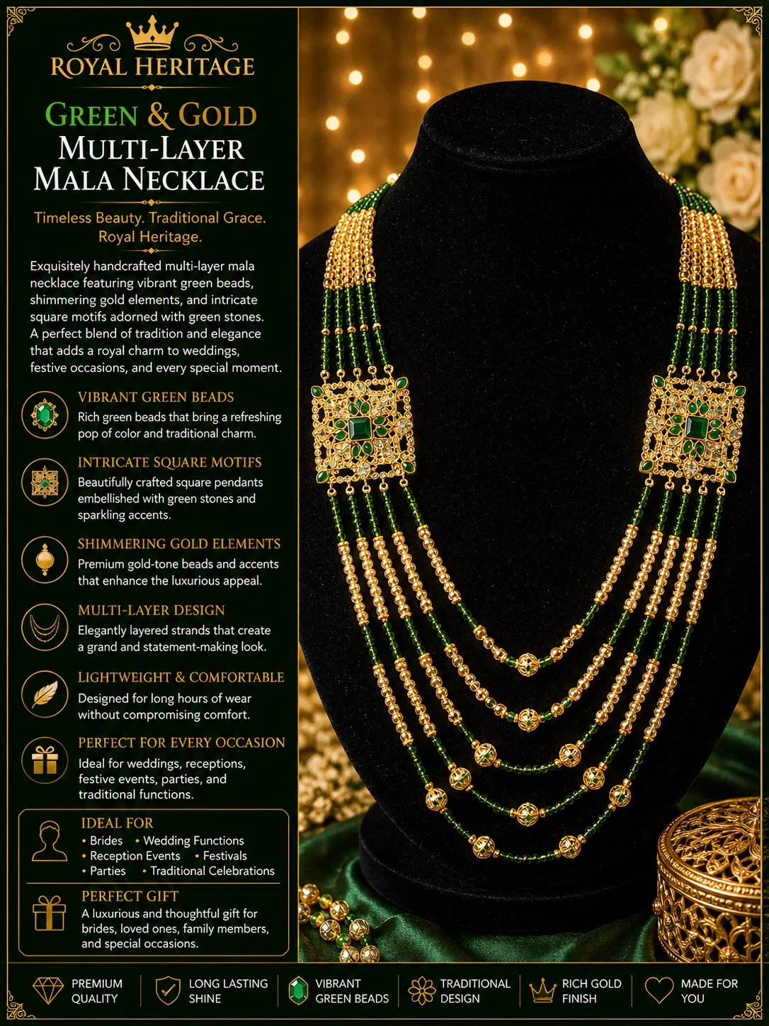 ROYAL HERITAGE GREEN & GOLD MULTI-LAYER MALA NECKLACE