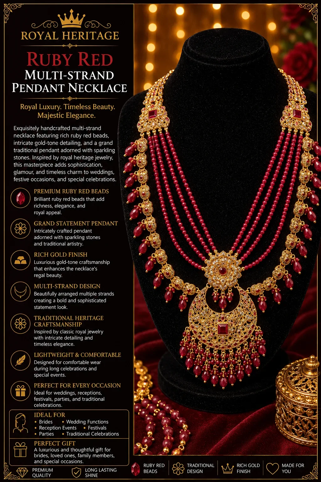 ROYAL HERITAGE RUBY RED & GOLD STATEMENT MALA NECKLACE