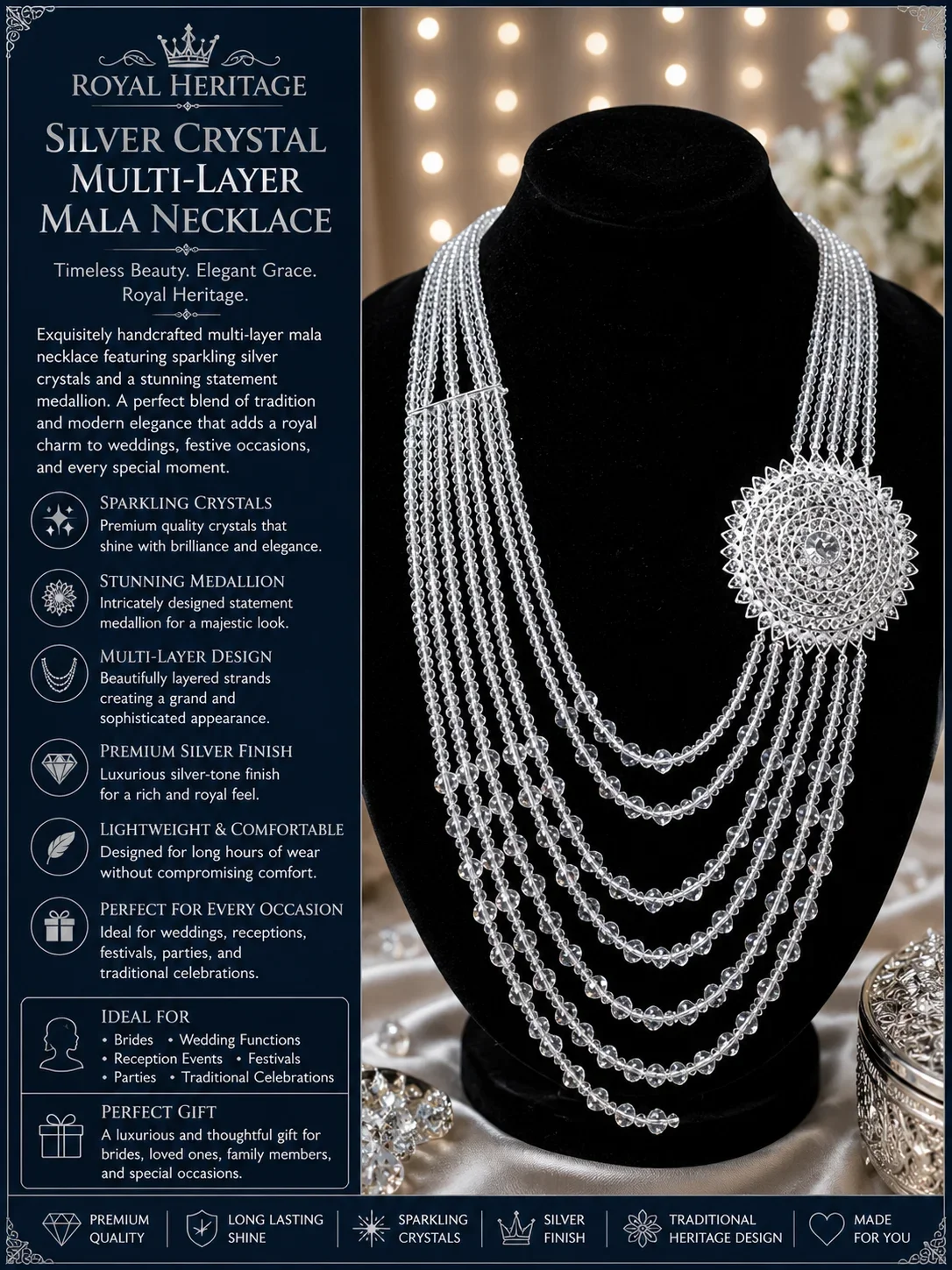 ROYAL HERITAGE SILVER CRYSTAL MULTI-LAYER MALA NECKLACE