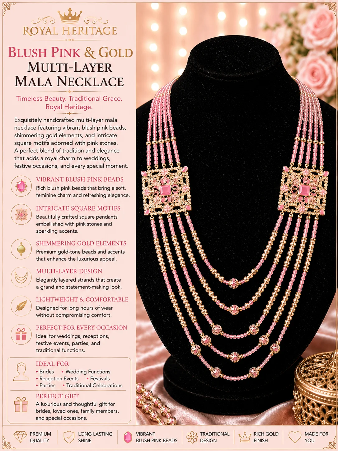 ROYAL HERITAGE BLUSH PINK & GOLD MULTI-LAYER MALA NECKLACE