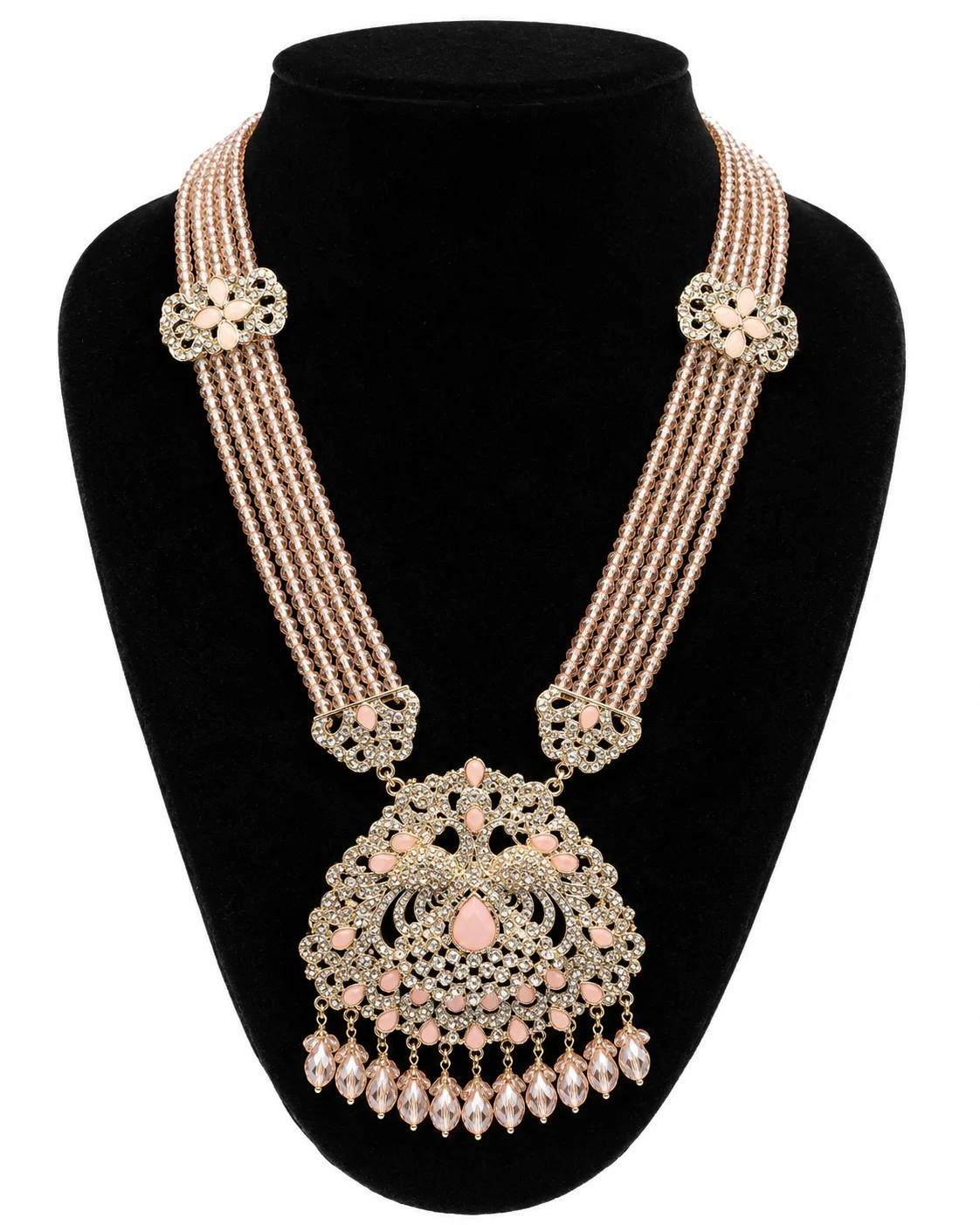 Elegant Multi-Layer Pink Crystal Mala Necklace with Statement Pendant