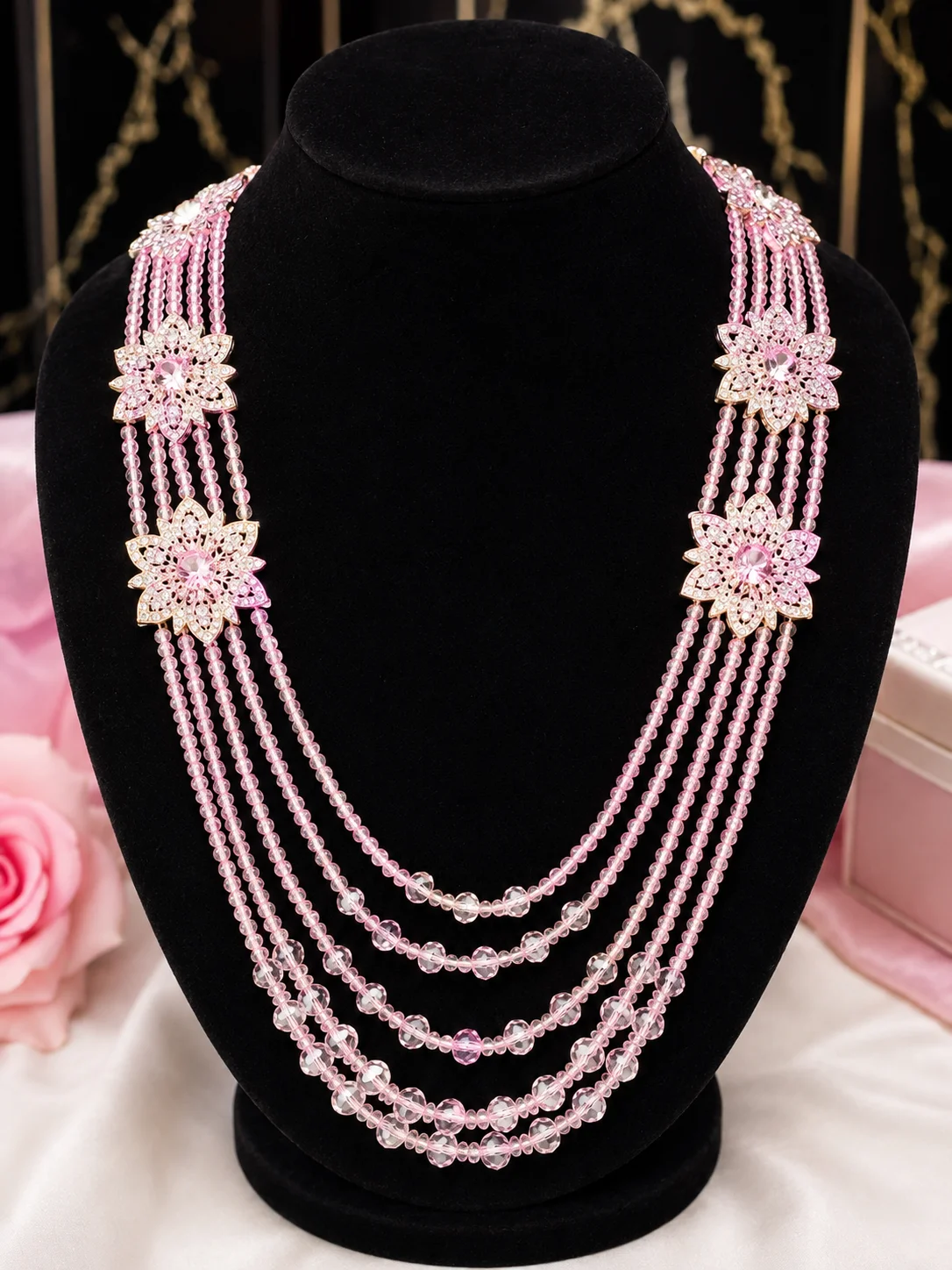 Pink Crystal Multi-Layer Mala Necklace