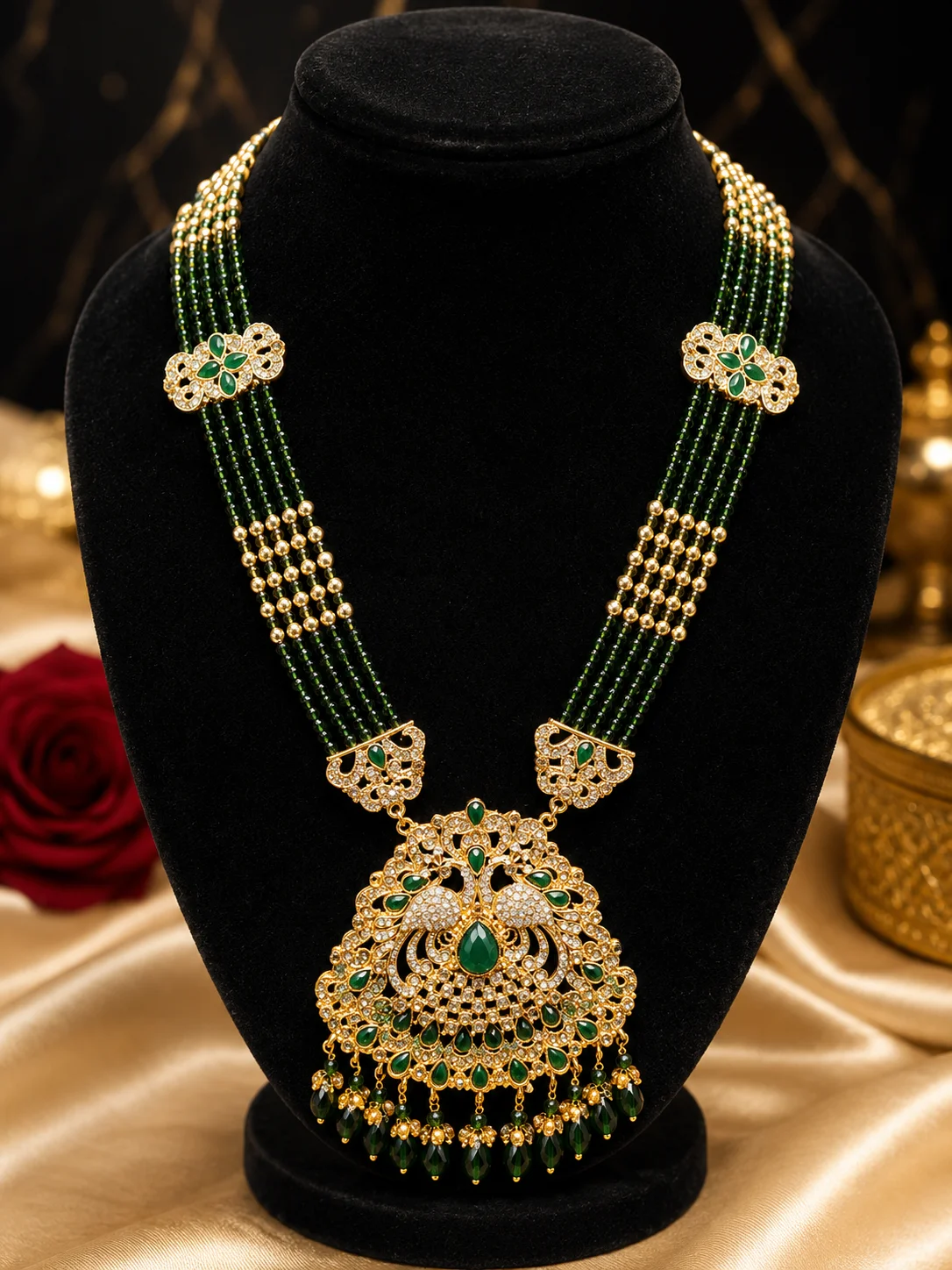 Emerald Green Multi-Strand Mala Necklace with Royal Pendant